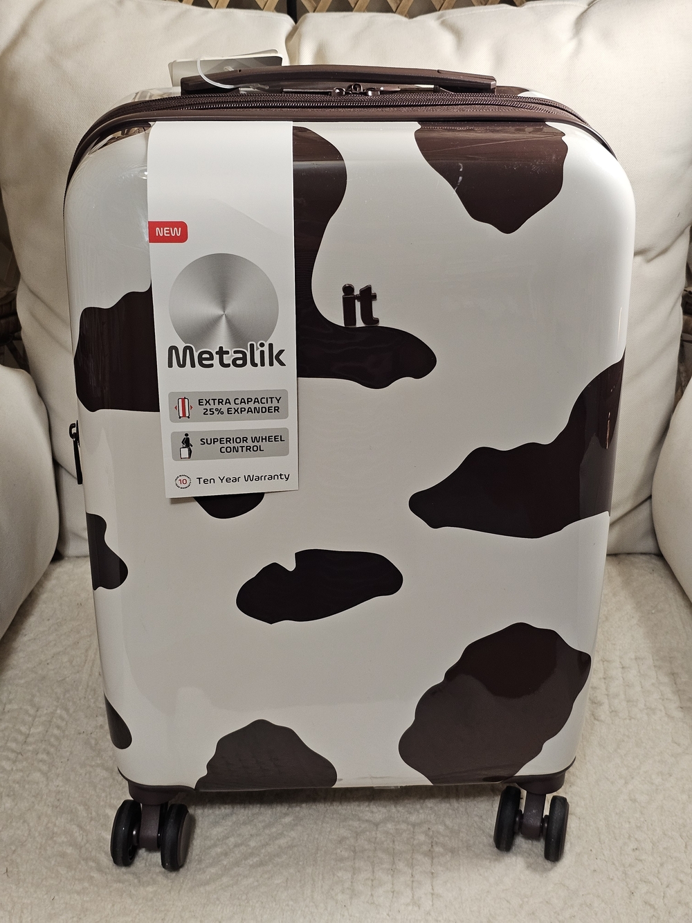 It Metalik Hardside Carry-On Luggage in White and Brown Cow Hide FIRM